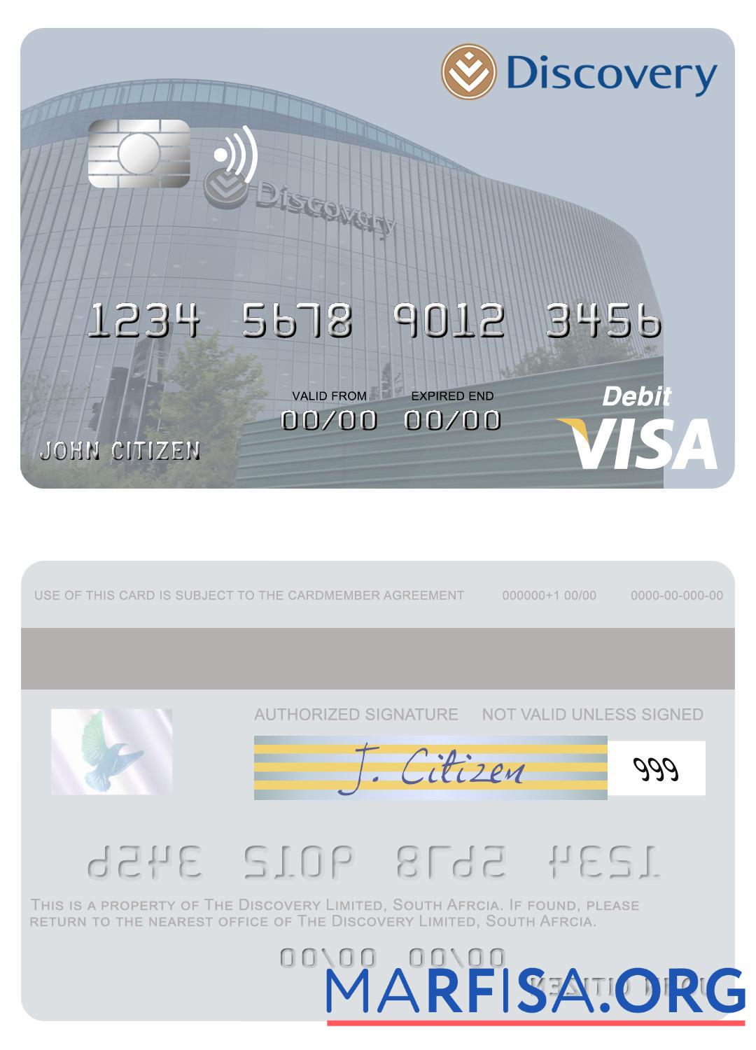 Downloadable South Afrcia Discovery Limited visa debit card sample